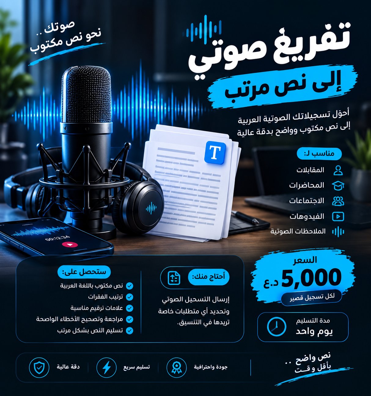 تفريغ تسجيل صوتي عربي وتحويله الى نص مرتب