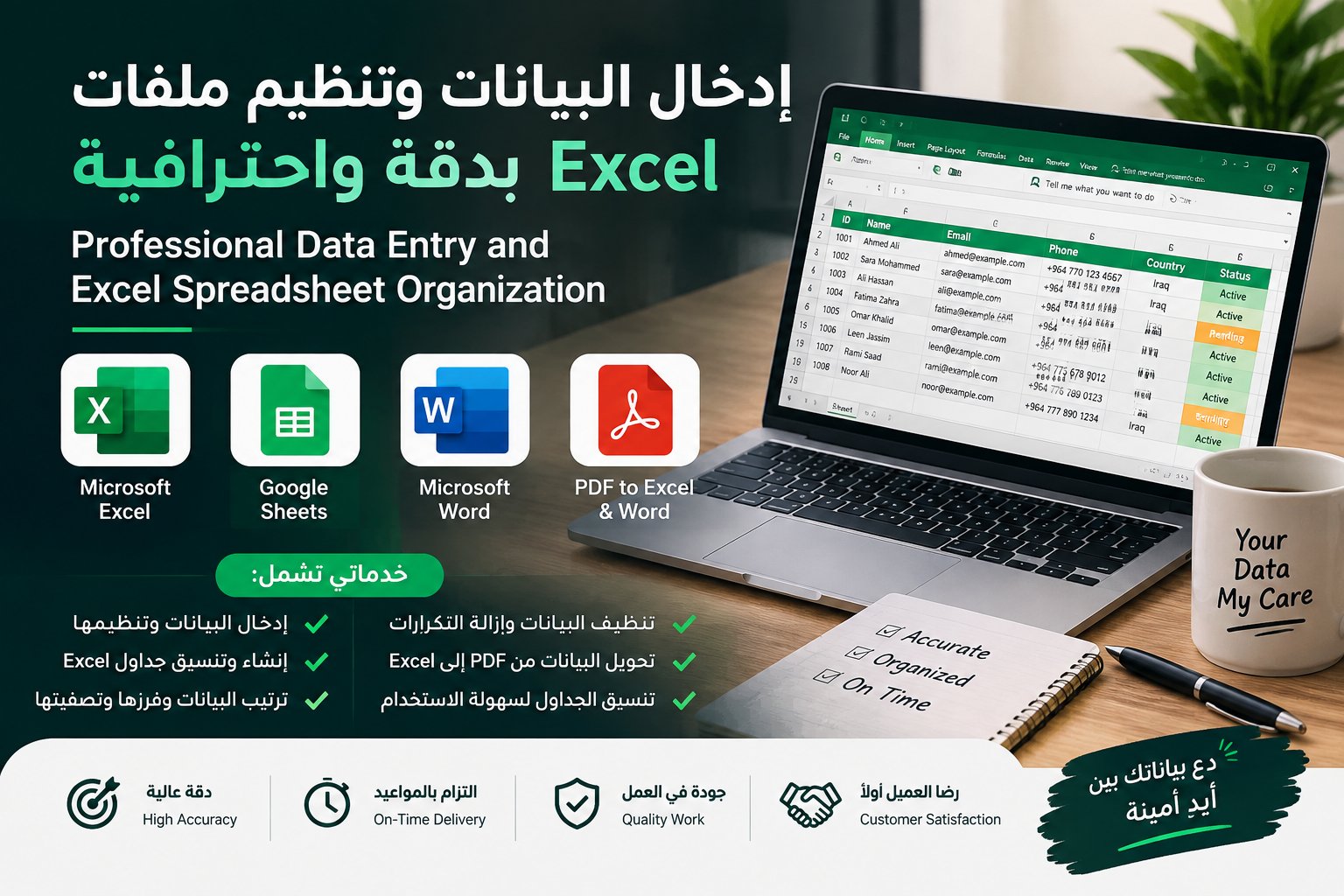 إدخال البيانات وتنظيم ملفات Excel بدقة واحترافية