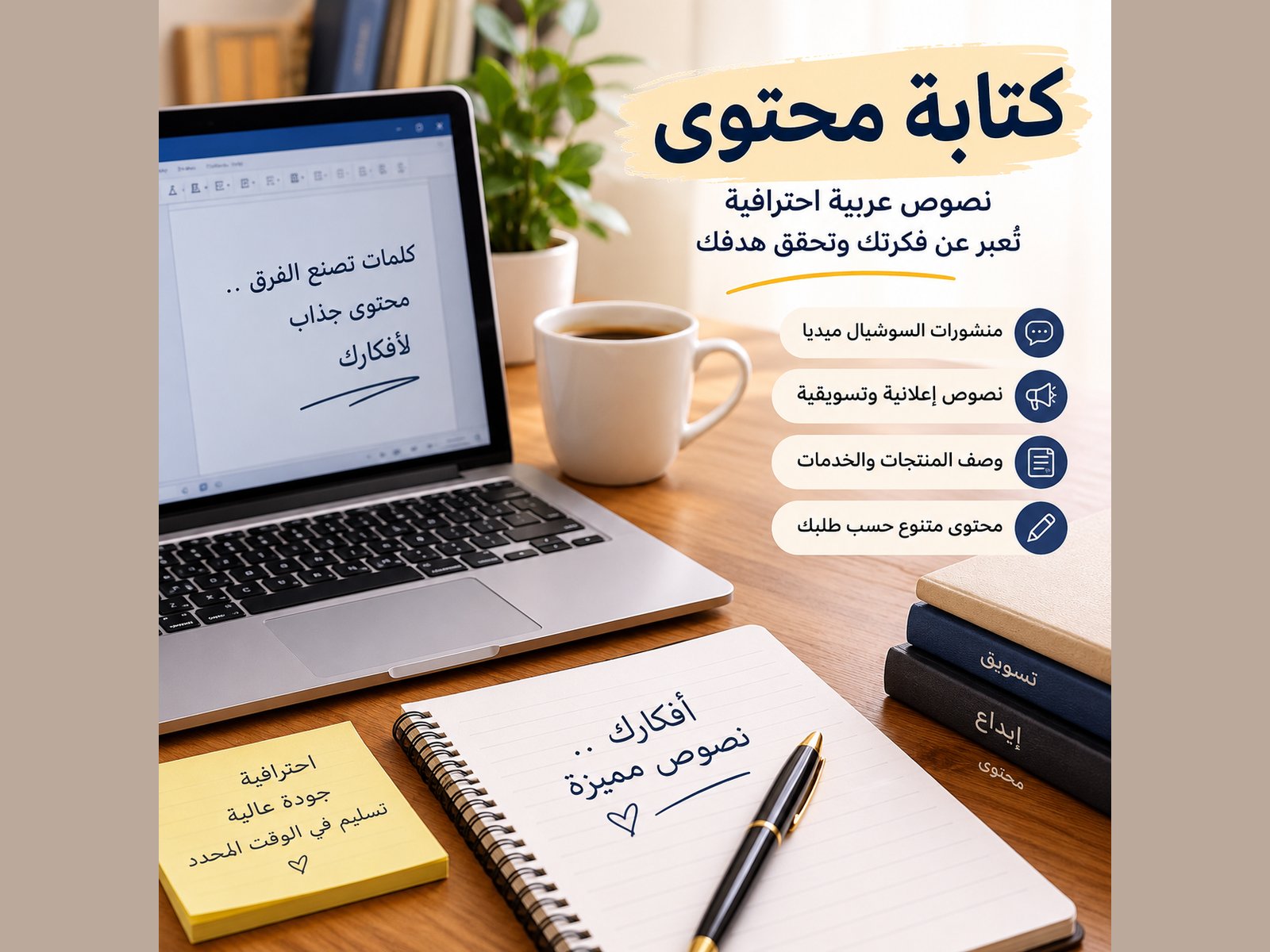 سأكتب لك نصوصاً عربية احترافية بأسلوب واضح وجذاب