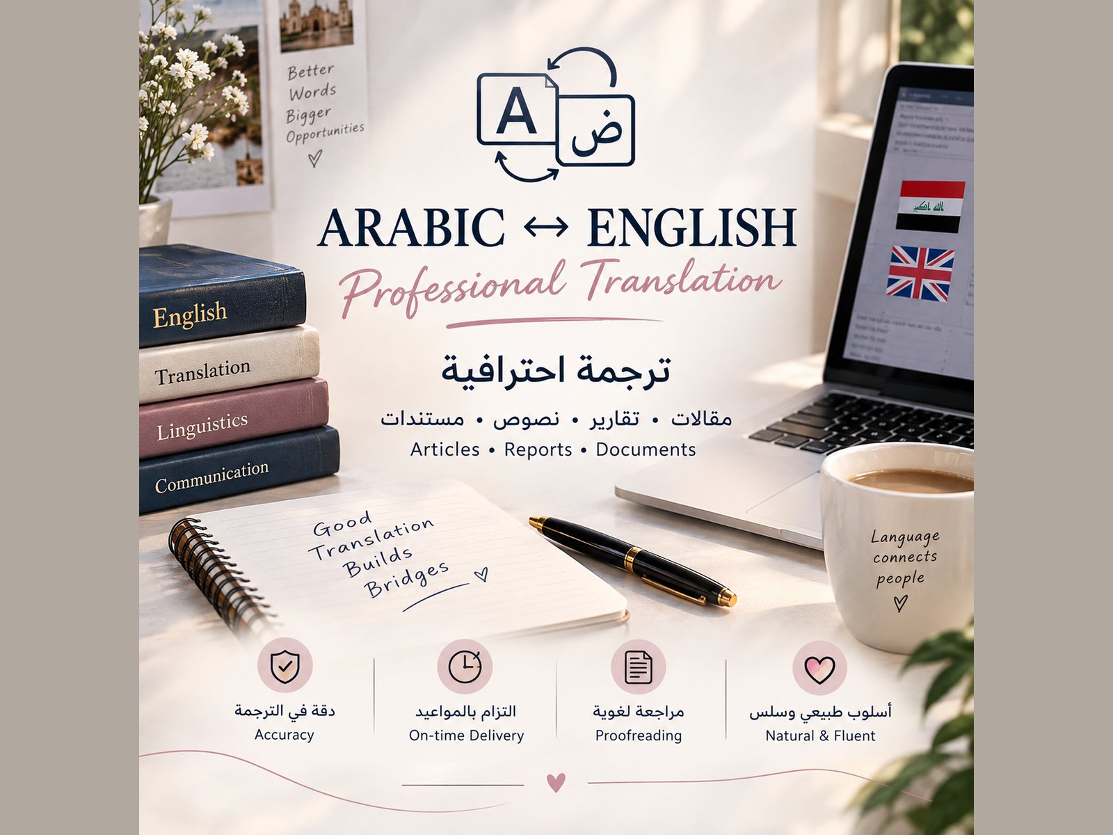 سأترجم مقالات وتقارير من العربية إلى الإنجليزية والعكس
