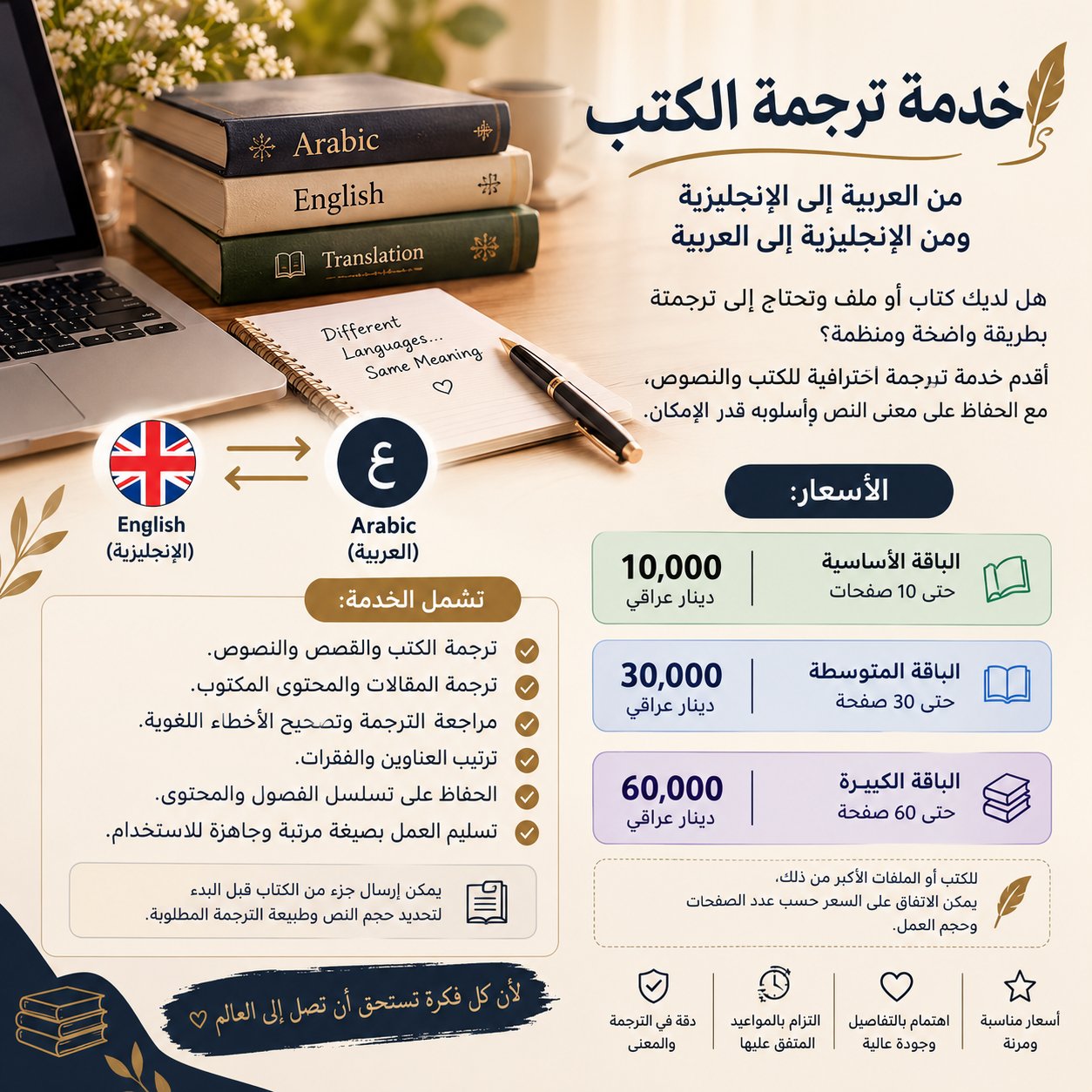اسم الخدمة:
ترجمة احترافية من وإلى العربية
وصف الخدمة:
أقدم خدمة ترجمة واضحة واحترافية مع الحفاظ عل