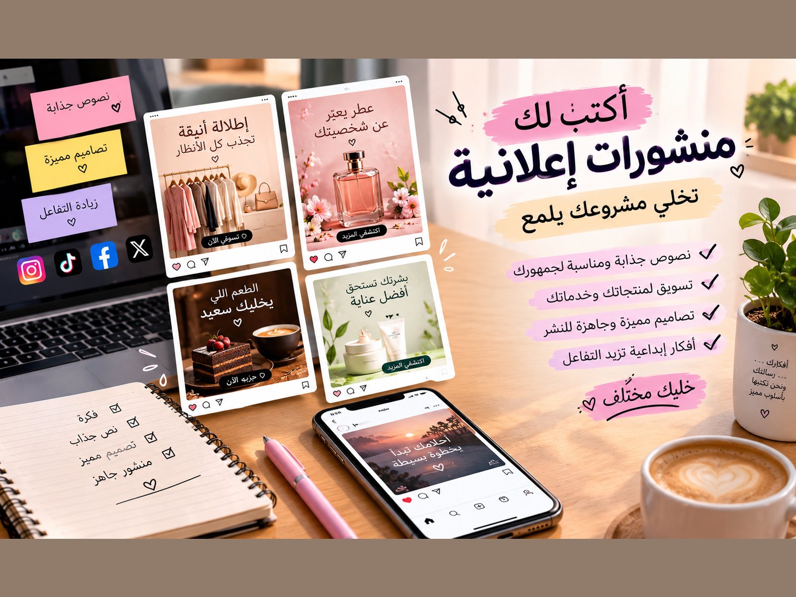 سأكتب لك منشورات إعلانية جذابة لصفحتك على مواقع التواصل الاجتماعي، صورة ٢ من ٢
