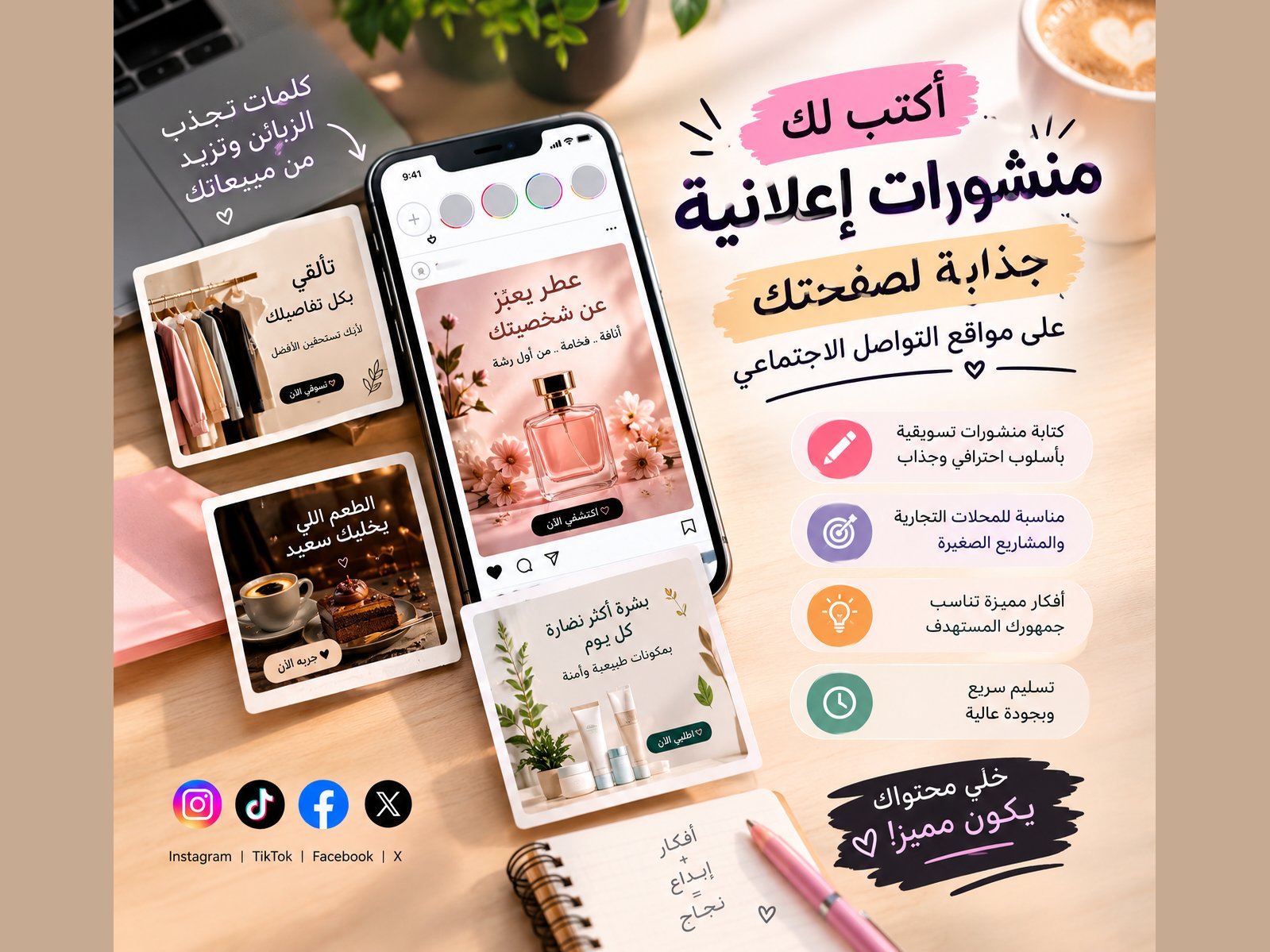سأكتب لك منشورات إعلانية جذابة لصفحتك على مواقع التواصل الاجتماعي، صورة ١ من ٢