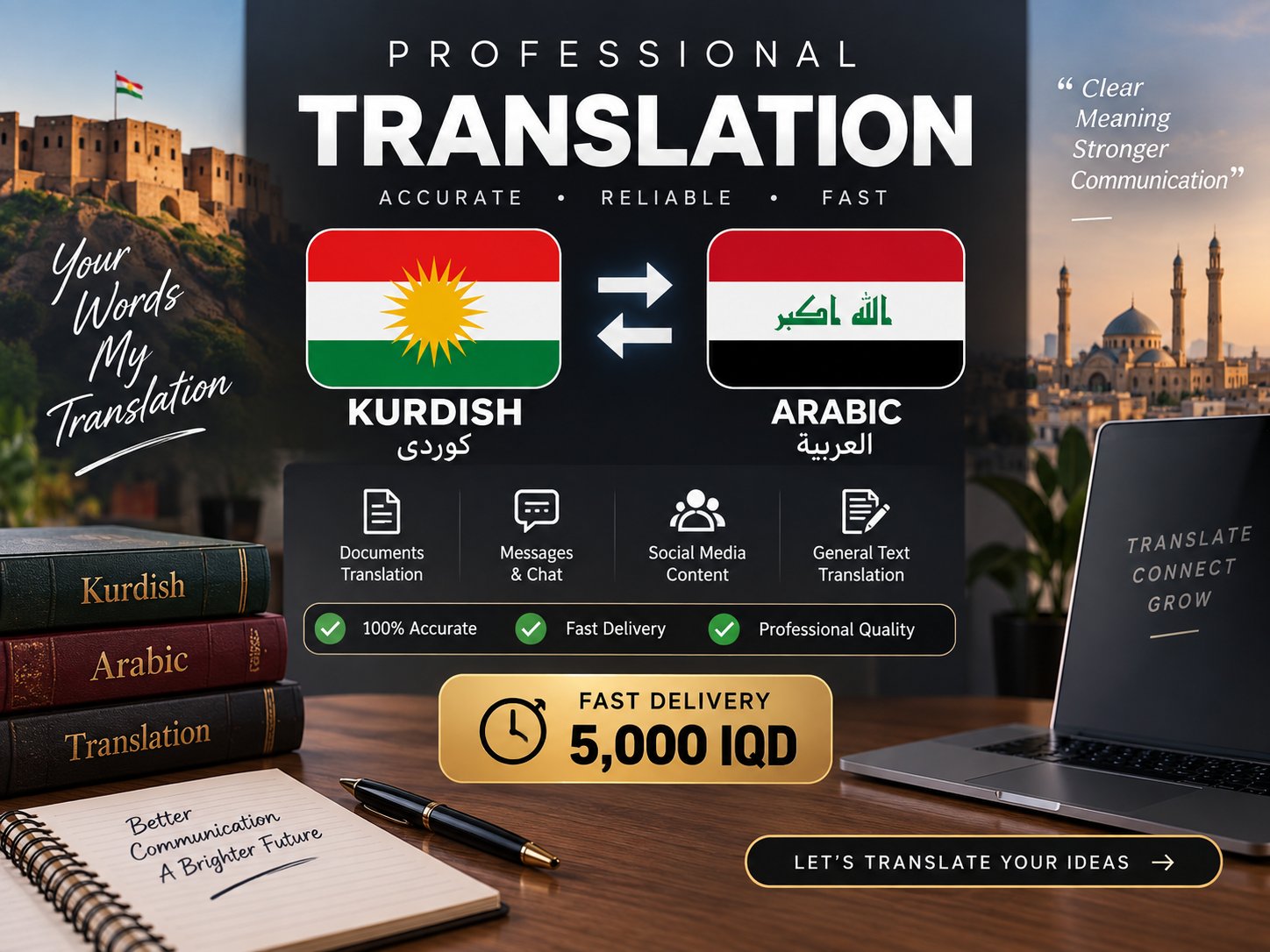 I will translate Kurdish and Arabic accurately and professionally