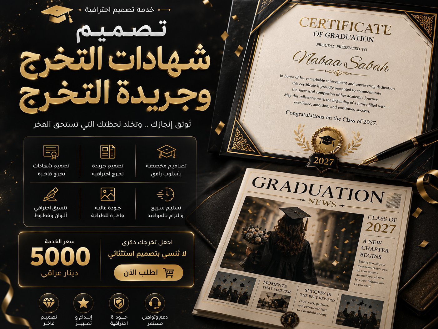 تصميم شهادة تخرج وجريدة تخرج احترافية وفاخرة