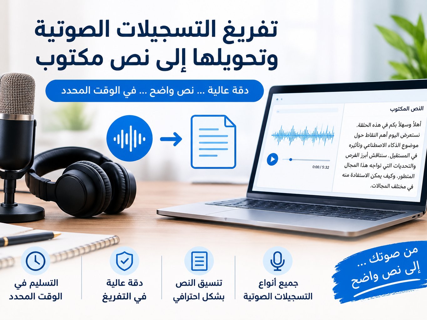 تفريغ التسجيلات الصوتية وتحويلها إلى نص عربي
