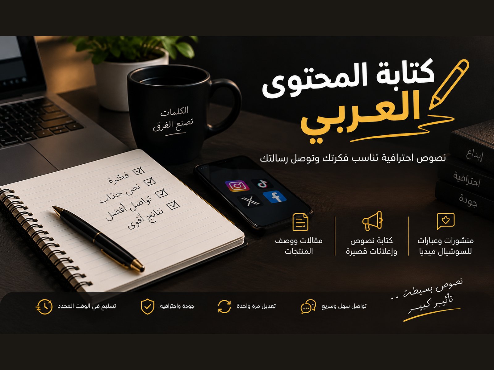 سأكتب لك النصوص والإعلانات القصيرة باللغة العربية