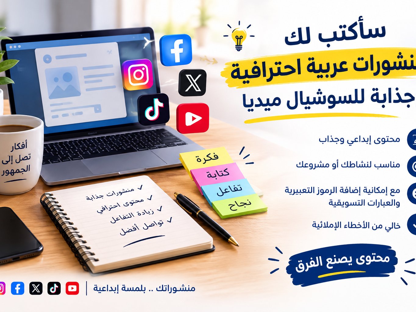 سأكتب لك منشورات عربية احترافية للسوشيال ميديا