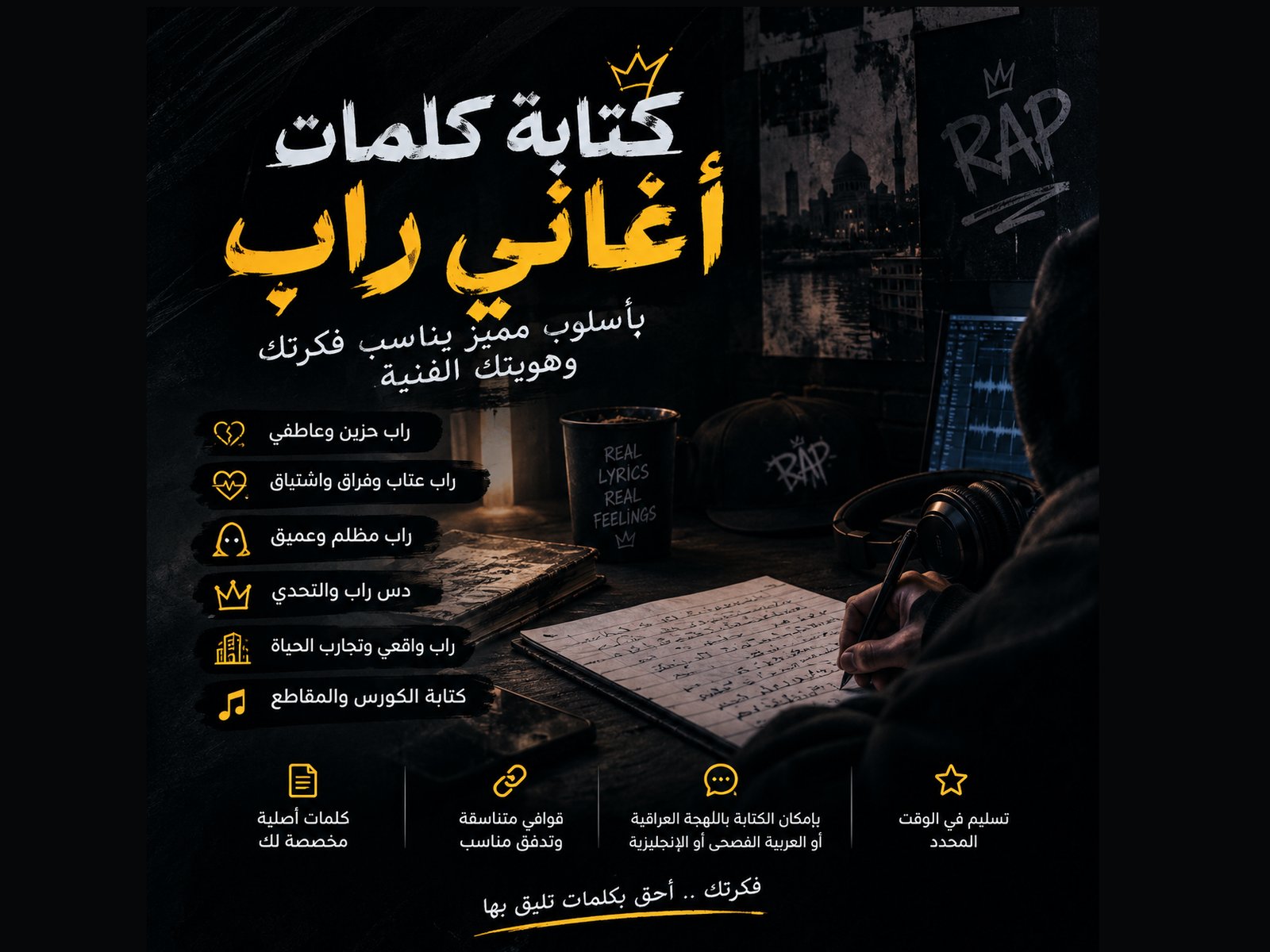 كتابة كلمات أغاني راب احترافية بأسلوب مميز يناسب فكرتك وهويتك الفنية, image 1 of 5