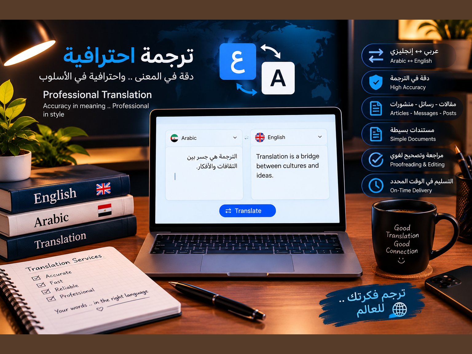 سأترجم النصوص من العربية إلى الإنجليزية وبالعكس بدقة واحترافية