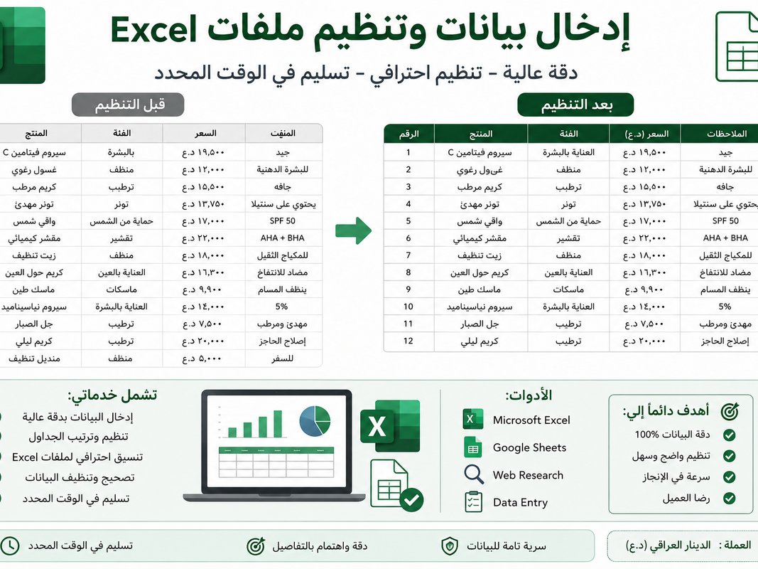 إدخال بيانات وتنظيم ملفات Excel باحتراف