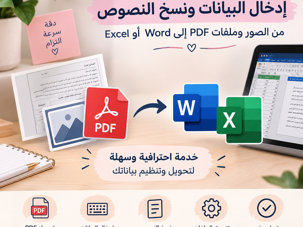 سأقوم بإدخال البيانات ونسخ النصوص من الصور وملفات PDF إلى Word أو Excel