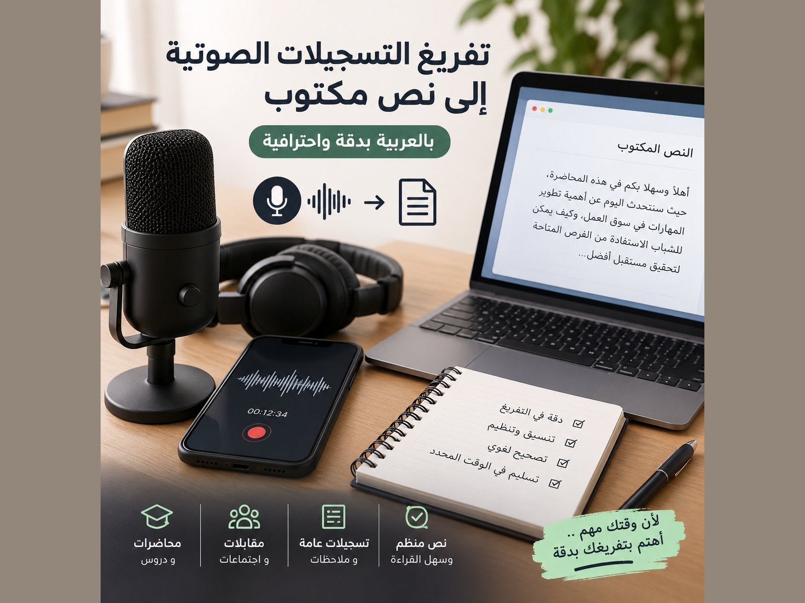 تفريغ التسجيلات الصوتية إلى نص مكتوب باللغة العربية بدقة، صورة 1 من 3
