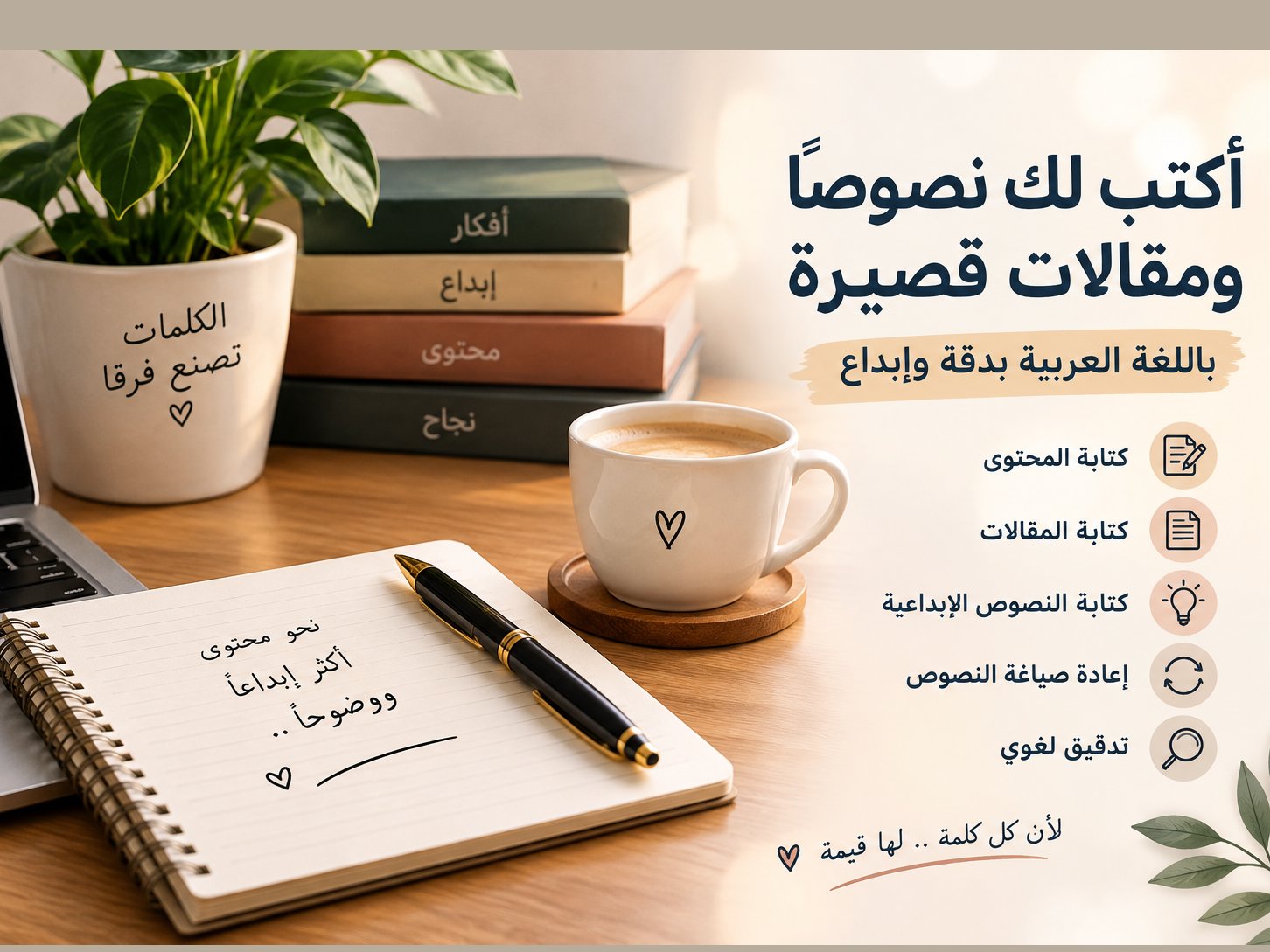 سأكتب لك نصوصاً ومقالات قصيرة باللغة العربية بدقة وإبداع