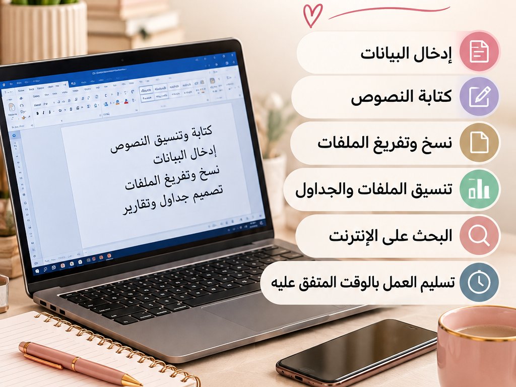 سأقوم بإدخال البيانات وكتابة النصوص وتنسيق الملفات باحتراف