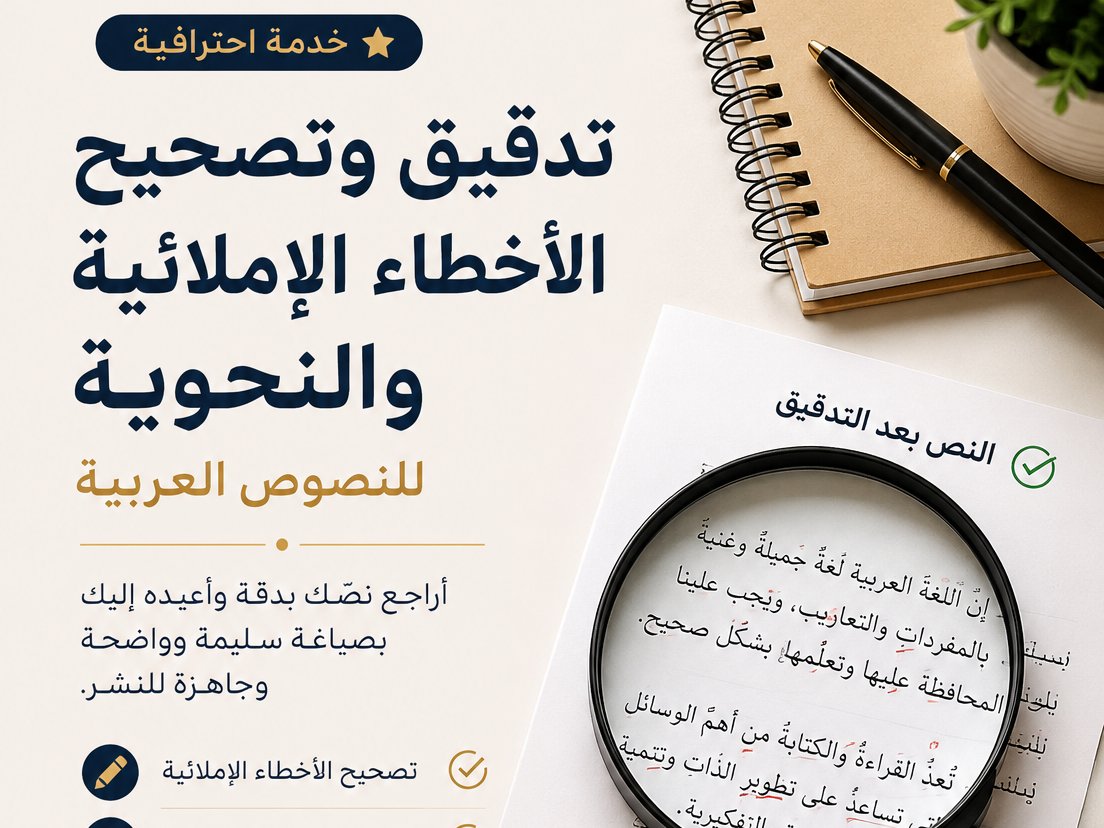 سأقوم بتدقيق وتصحيح الأخطاء الإملائية والنحوية للنصوص العربيه