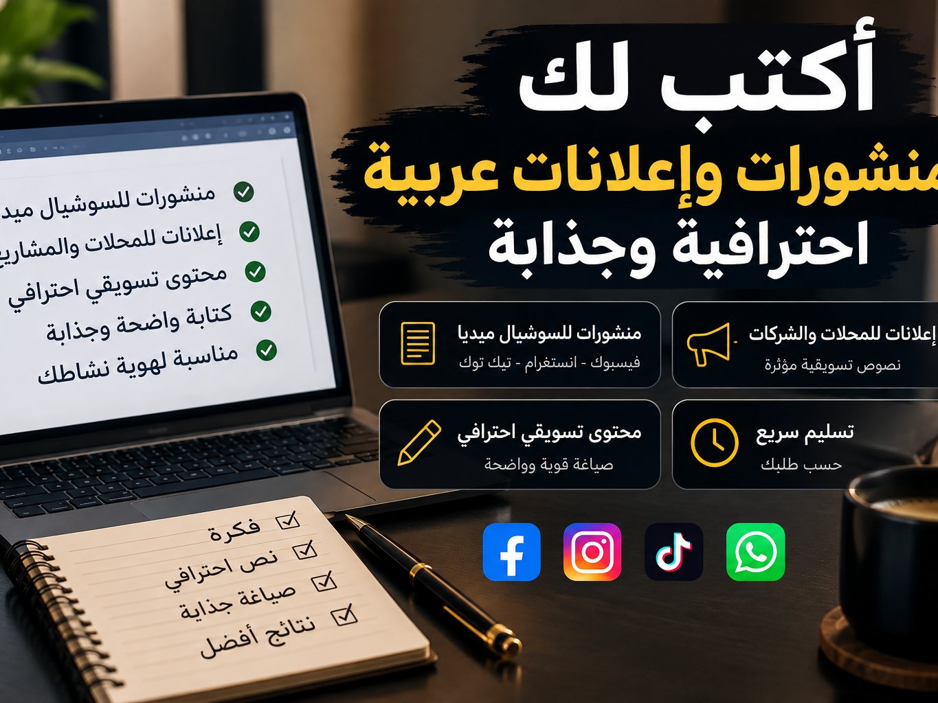 سأكتب لك منشورات وإعلانات عربية احترافية