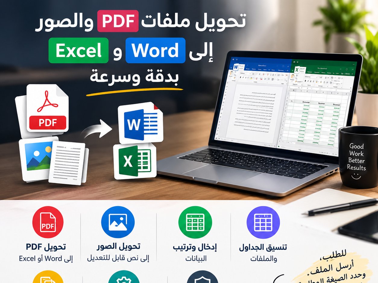 أقدم خدمة تحويل ملفات PDF والصور والمستندات إلى ملفات Word أو Excel بشكل مرتب ومنظم.