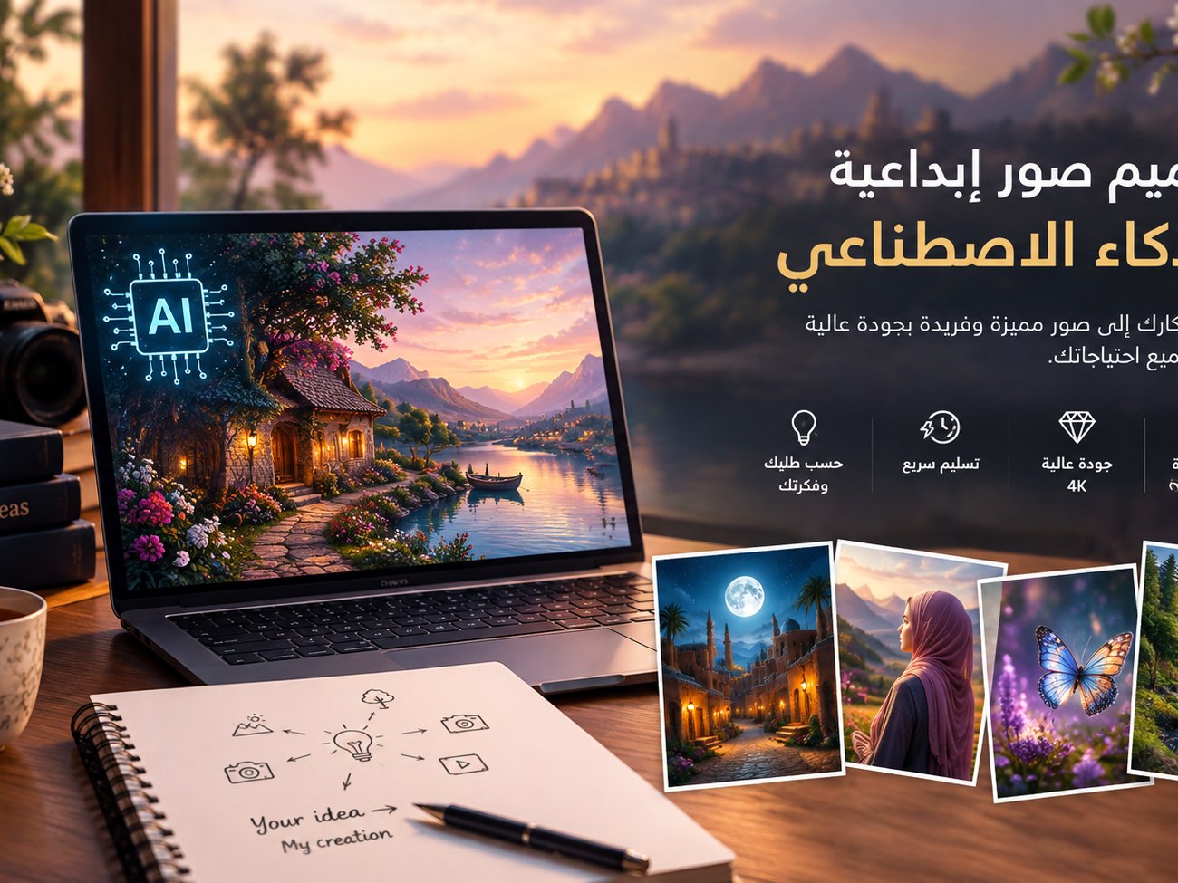 سأصمم لك صوراً إبداعية بالذكاء الاصطناعي بجودة عالية