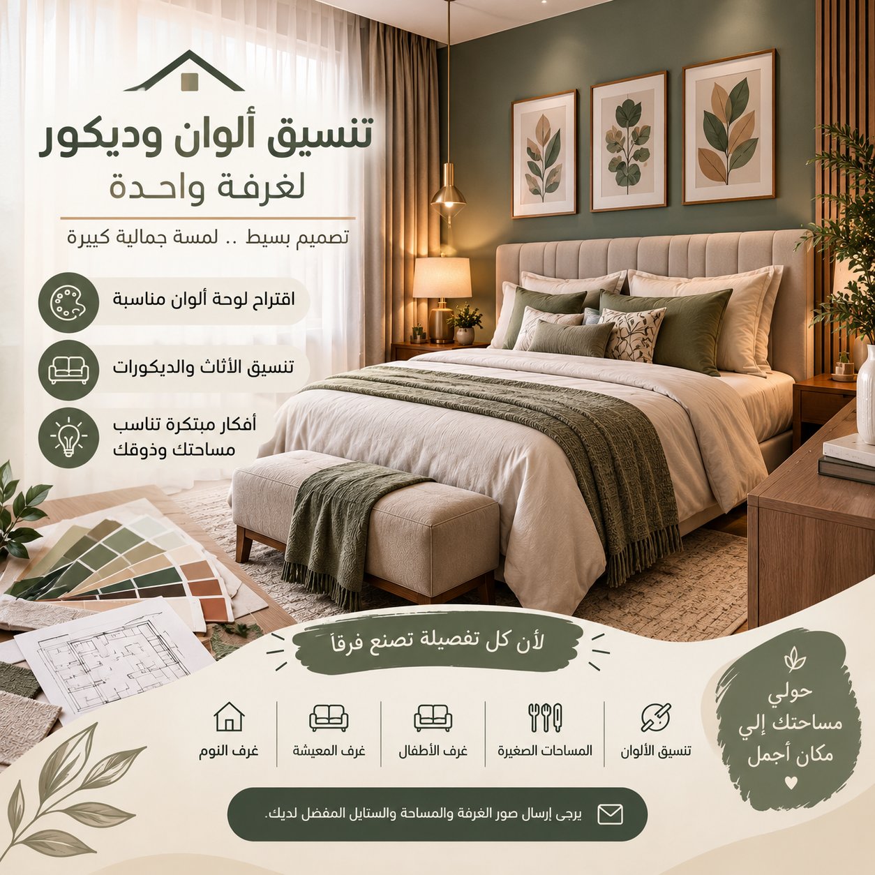 سأصمم لكِ تنسيق ألوان وديكور لغرفة بشكل أنيق, image 1 of 4