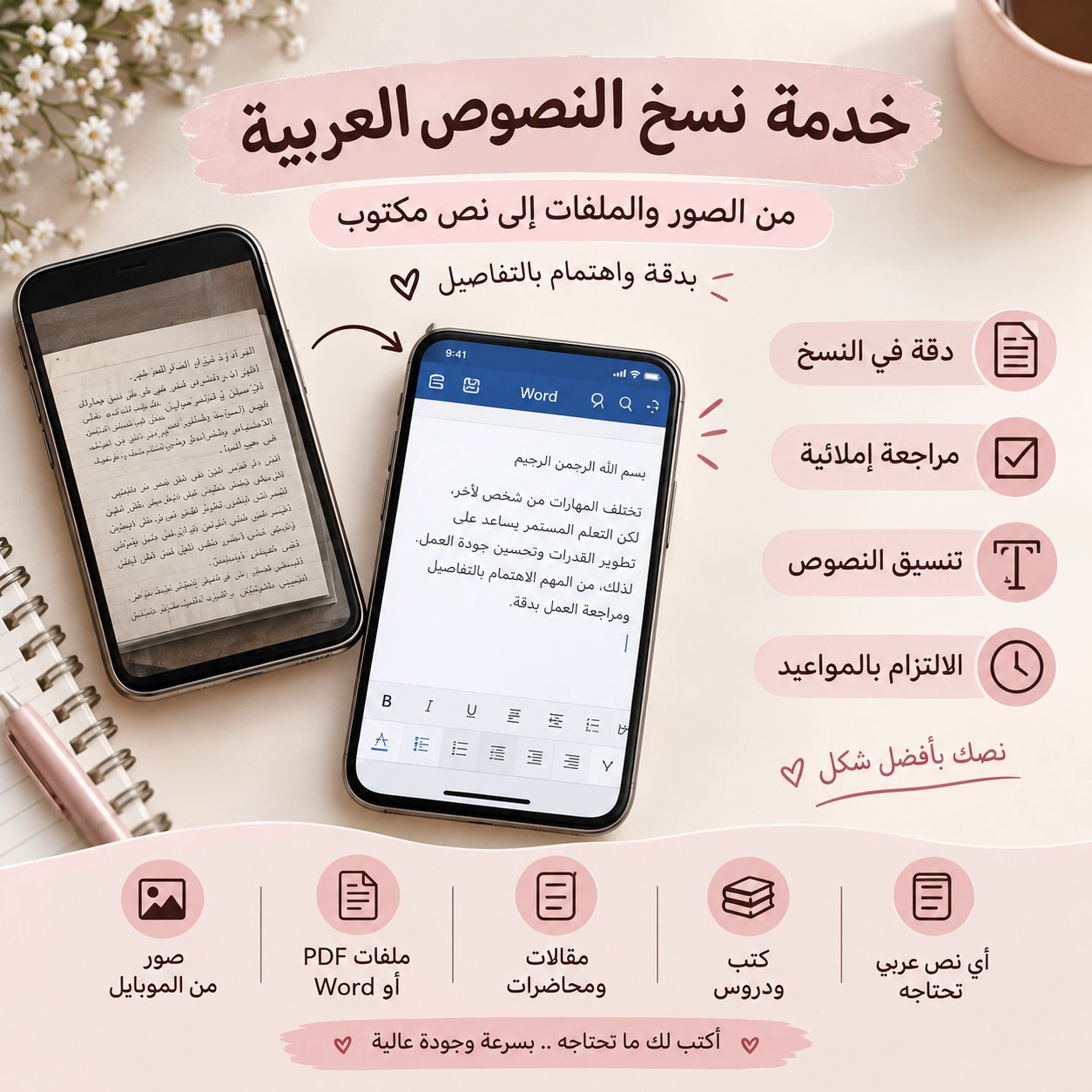 سأقدّم خدمة نسخ النصوص العربية بدقة من الصور والملفات، صورة 2 من 3