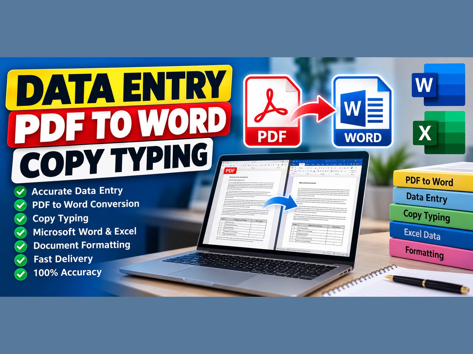 I will do accurate data entry, PDF to Word and copy typing