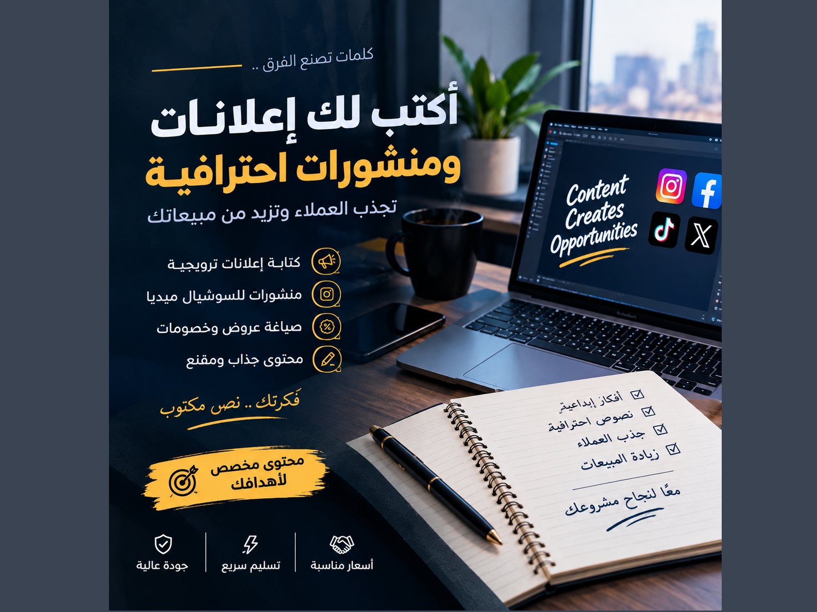سأكتب لك إعلانات ومنشورات احترافية تجذب العملاء