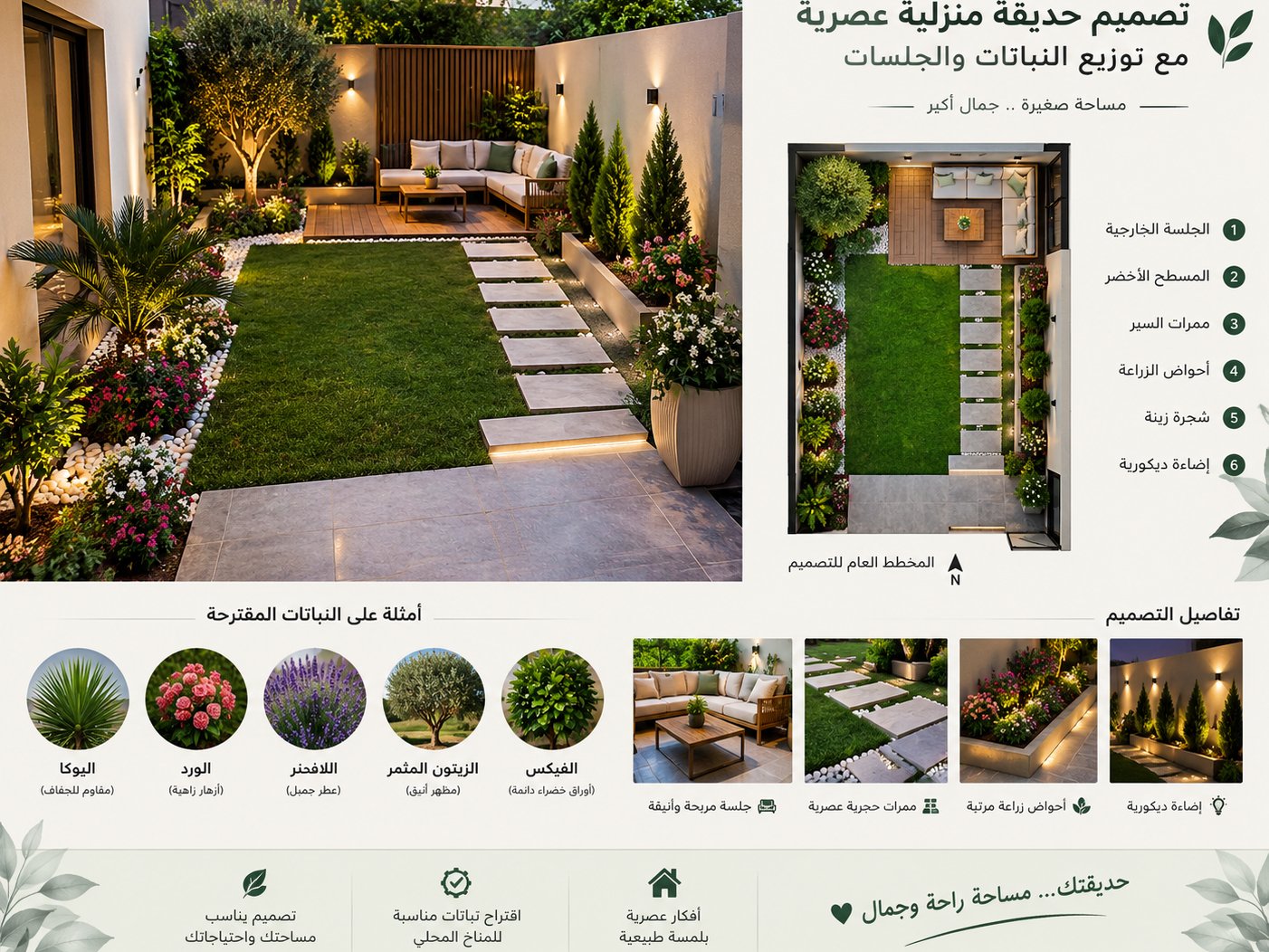 تصميم حديقة منزلية عصرية مع توزيع النباتات والجلسات