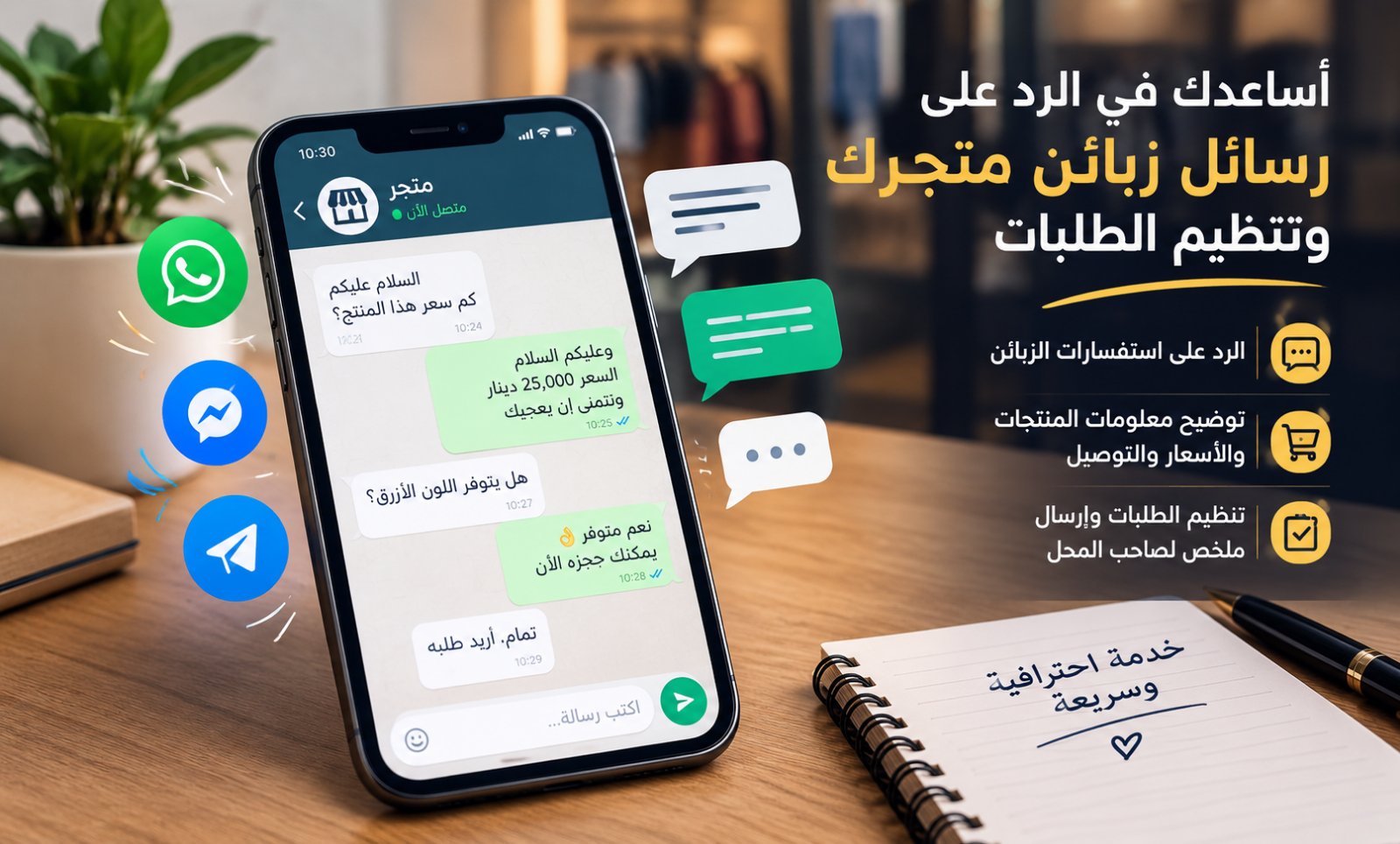 سأساعدك في الرد على رسائل زبائن متجرك وتنظيم الطلبات
