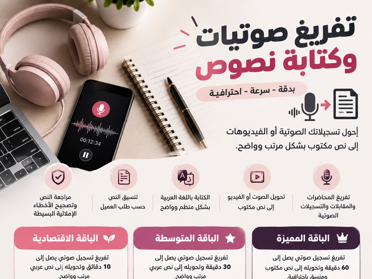 🎧 تفريغ صوتيات وتحويلها إلى نص مكتوب بدقة وسرعة 📝