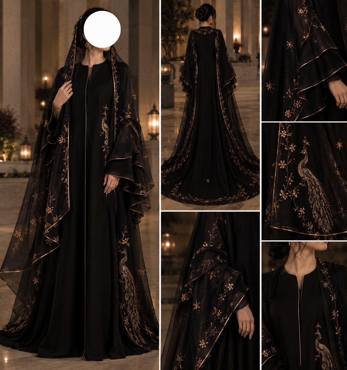 عباية ملكية سوداء بتطريز الطاووس الذهبي، صورة 3 من 5