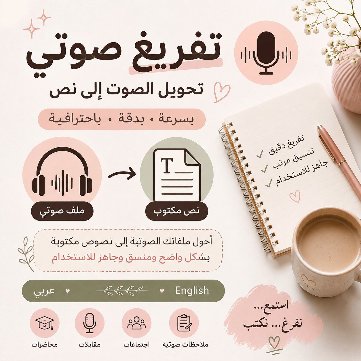 تفريغ الملفات الصوتية وتحويلها إلى نص مكتوب