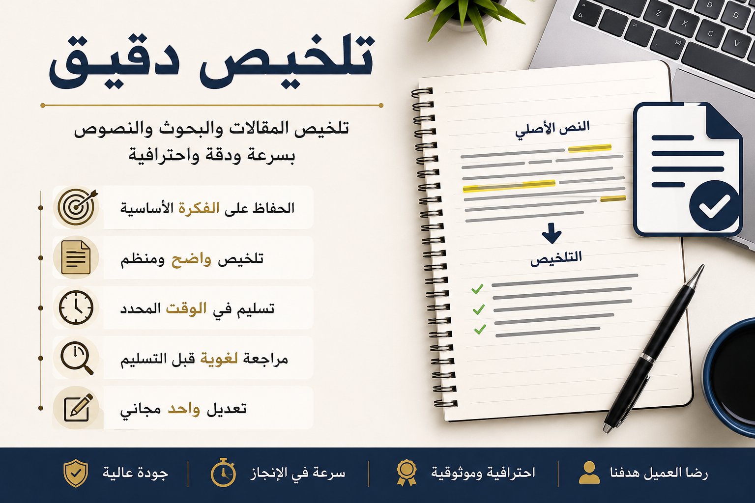ألخص المقالات والبحوث والنصوص باللغة العربية بسرعة ودقة