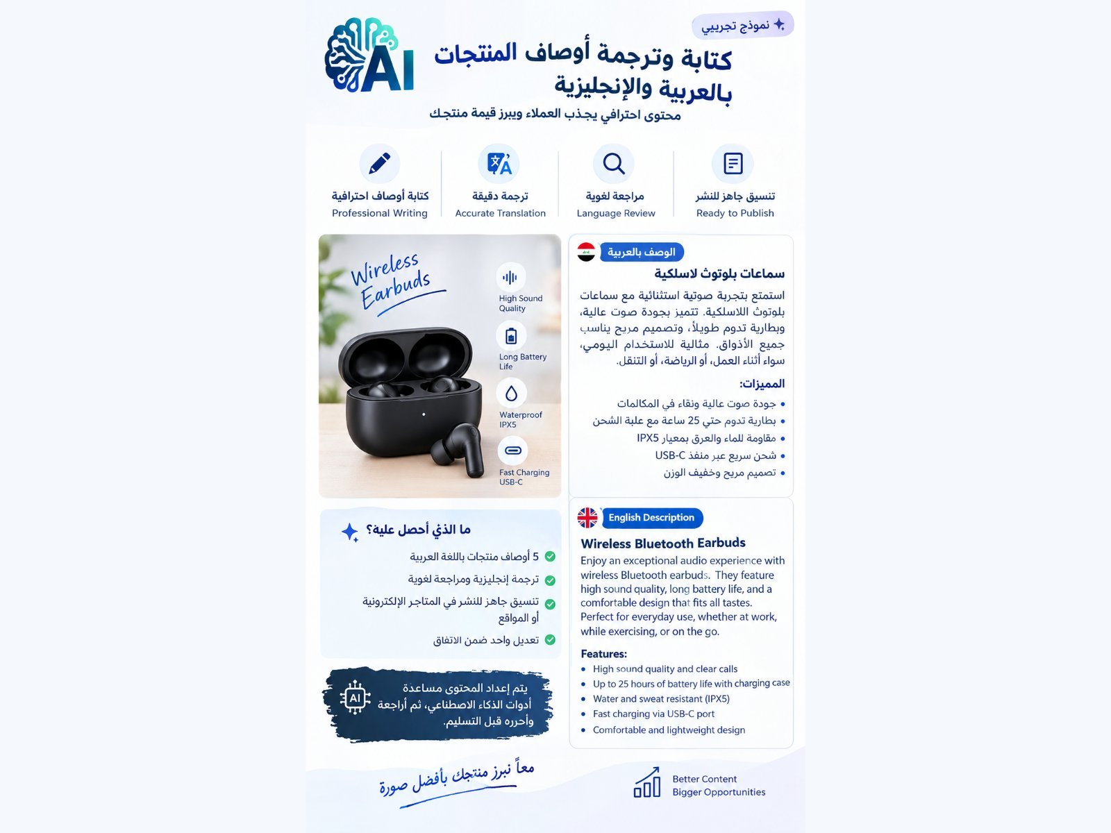 سأكتب وأترجم أوصاف 5 منتجات بالعربية والإنجليزية، صورة ١ من ٥