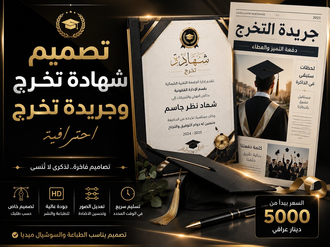 تصميم شهادات تخرج وجريدة تخرج فاخرة بتصميم احترافي