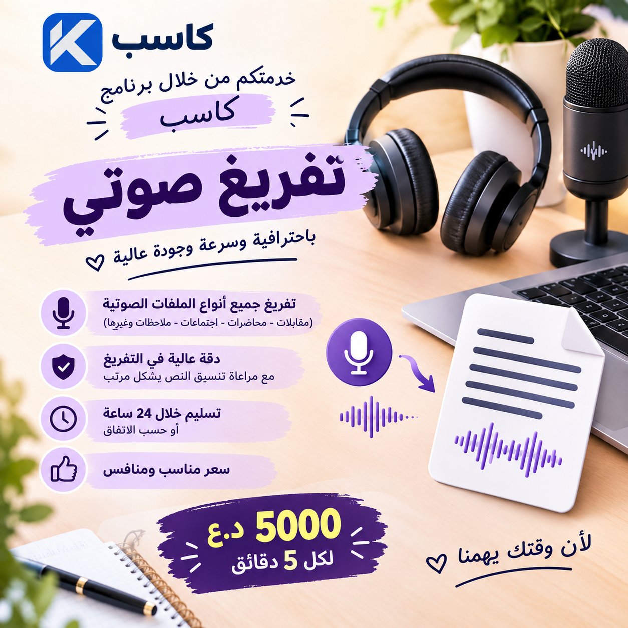 سأفرغ لك أي مقطع صوتي أو فيديو بدقة 100% خلال 24 ساعة