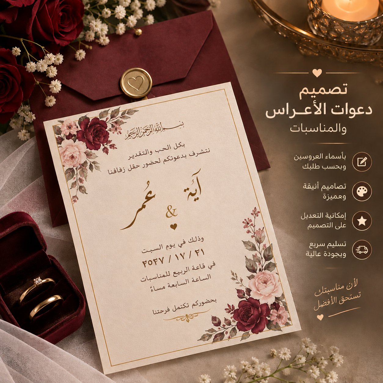 أصمم دعوات أعراس ومناسبات بأسماء العروسين بتصاميم جميلة