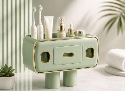 Luxury Minimalist Bathroom Storage Rack with Toothpaste Dispenser  Cup Holder